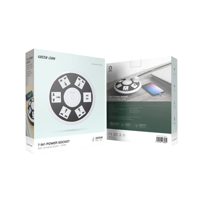 مقبس طاقة 7 في 1 من Green Lion مع منفذ عالمي 5AC، ومنفذ USB وكابل بطول 2 متر - أبيض